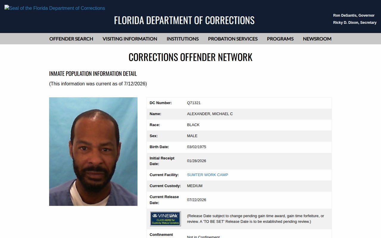 FDC Current Release Date field for a Lee County projected release lookup