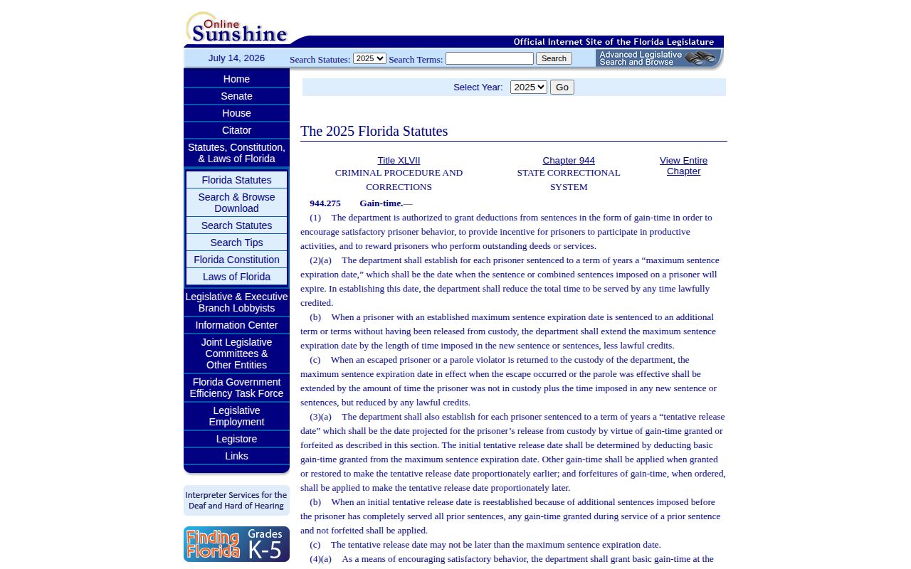 Florida gain-time statute for Lee County projected release dates
