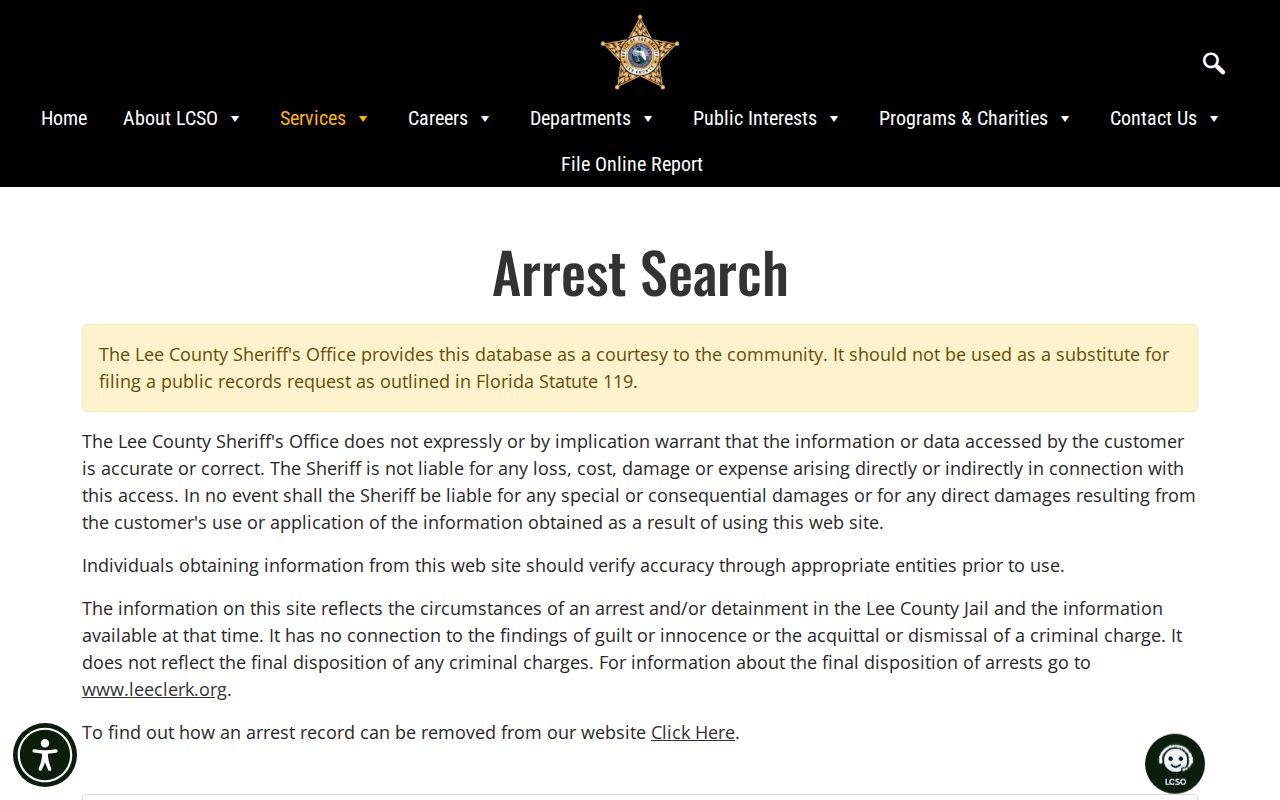 Lee County release record and Arrest Search filters